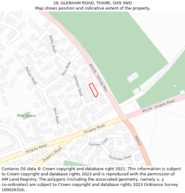 29, GLENHAM ROAD, THAME, OX9 3WD: Location map and indicative extent of plot