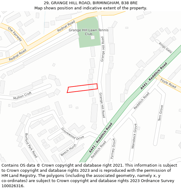 29, GRANGE HILL ROAD, BIRMINGHAM, B38 8RE: Location map and indicative extent of plot