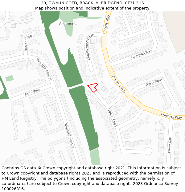 29, GWAUN COED, BRACKLA, BRIDGEND, CF31 2HS: Location map and indicative extent of plot