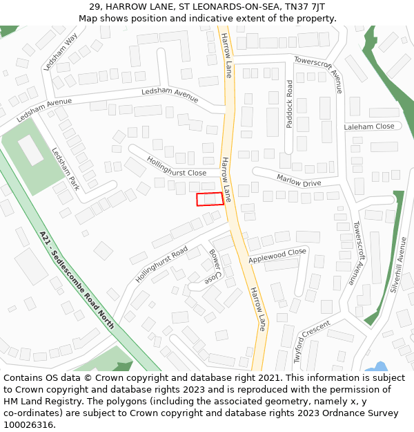 29, HARROW LANE, ST LEONARDS-ON-SEA, TN37 7JT: Location map and indicative extent of plot