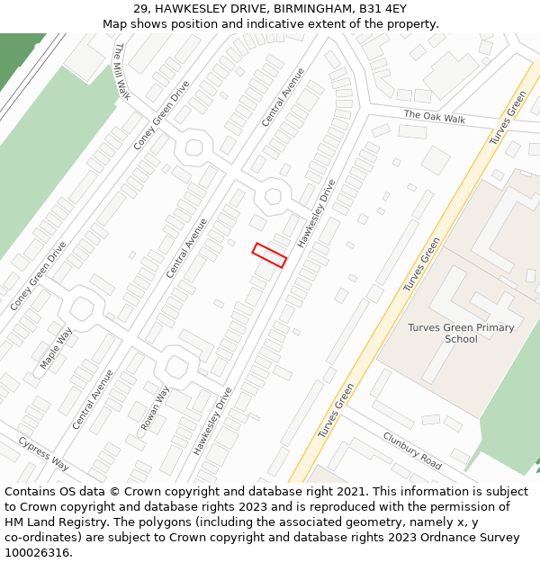 29, HAWKESLEY DRIVE, BIRMINGHAM, B31 4EY: Location map and indicative extent of plot