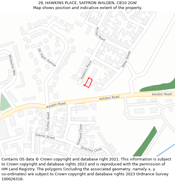 29, HAWKINS PLACE, SAFFRON WALDEN, CB10 2GW: Location map and indicative extent of plot