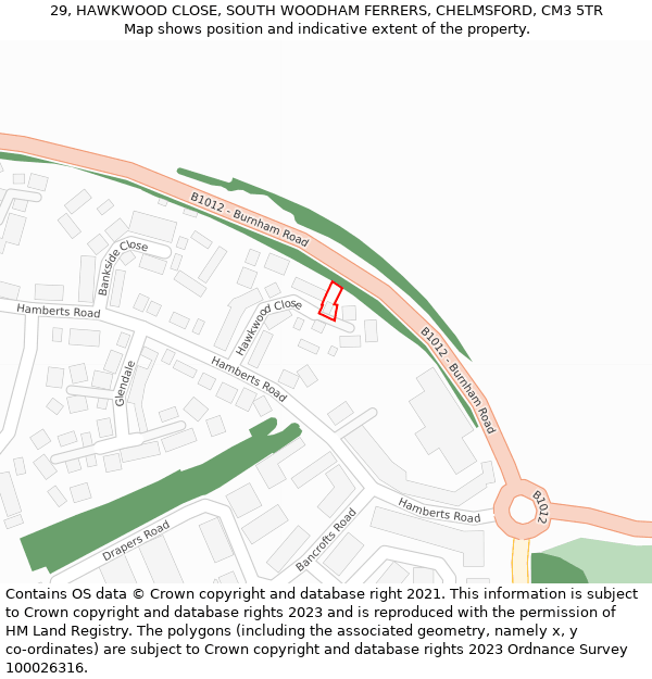 29, HAWKWOOD CLOSE, SOUTH WOODHAM FERRERS, CHELMSFORD, CM3 5TR: Location map and indicative extent of plot