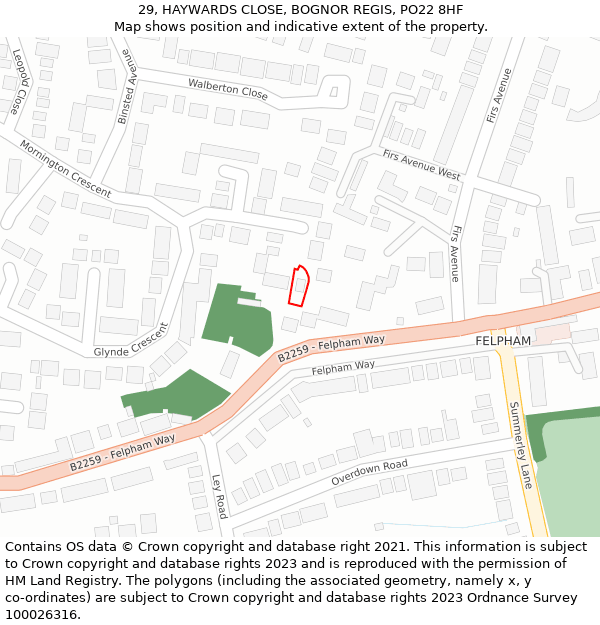 29, HAYWARDS CLOSE, BOGNOR REGIS, PO22 8HF: Location map and indicative extent of plot