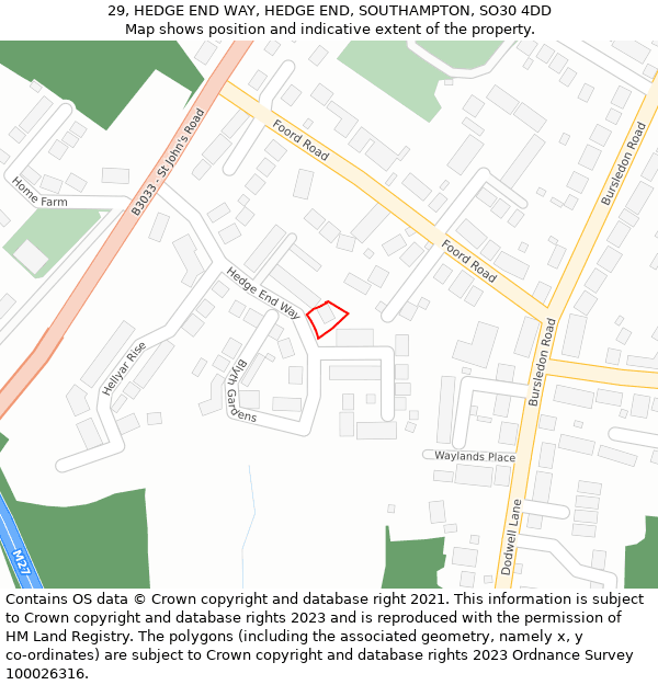 29, HEDGE END WAY, HEDGE END, SOUTHAMPTON, SO30 4DD: Location map and indicative extent of plot