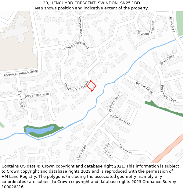 29, HENCHARD CRESCENT, SWINDON, SN25 1BD: Location map and indicative extent of plot