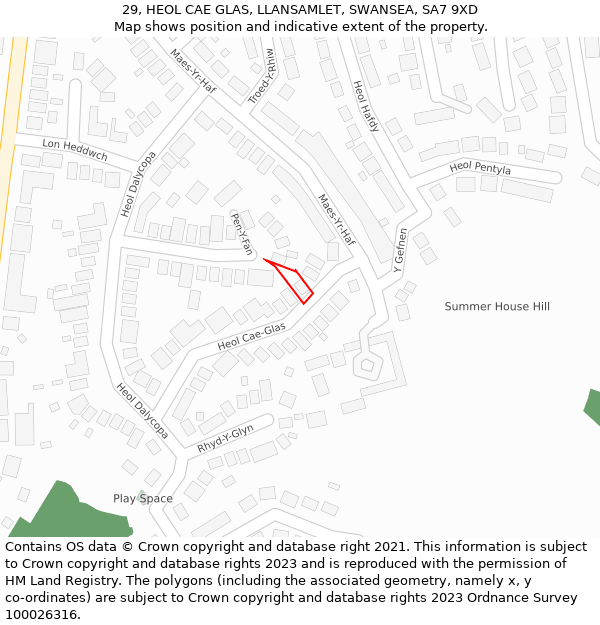 29, HEOL CAE GLAS, LLANSAMLET, SWANSEA, SA7 9XD: Location map and indicative extent of plot