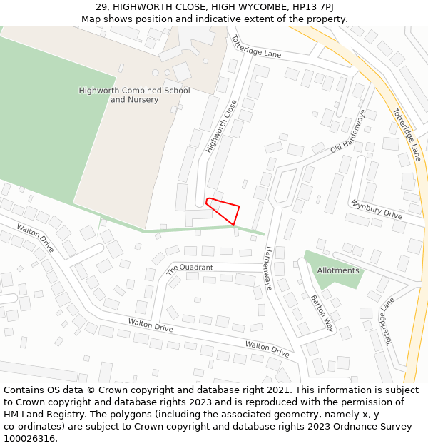 29, HIGHWORTH CLOSE, HIGH WYCOMBE, HP13 7PJ: Location map and indicative extent of plot