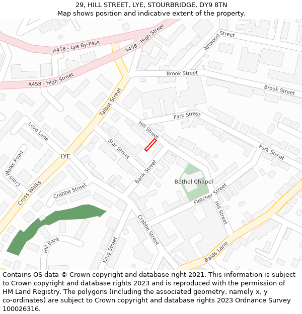 29, HILL STREET, LYE, STOURBRIDGE, DY9 8TN: Location map and indicative extent of plot