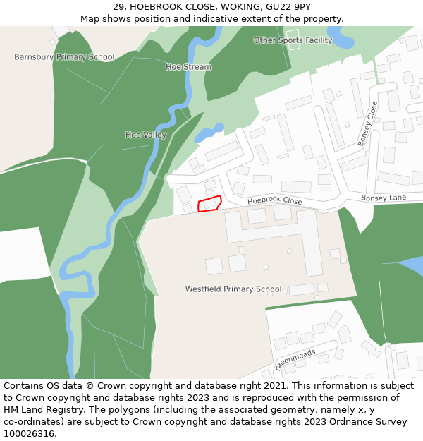 29, HOEBROOK CLOSE, WOKING, GU22 9PY: Location map and indicative extent of plot