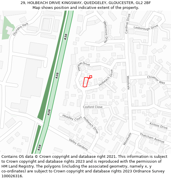 29, HOLBEACH DRIVE KINGSWAY, QUEDGELEY, GLOUCESTER, GL2 2BF: Location map and indicative extent of plot