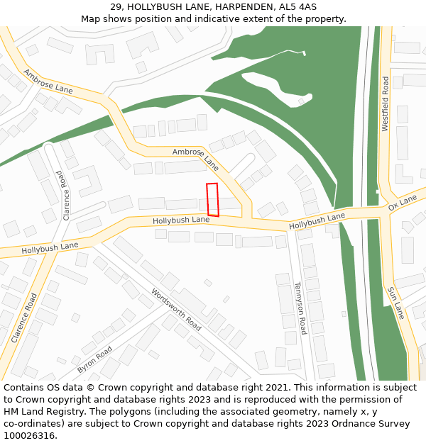 29, HOLLYBUSH LANE, HARPENDEN, AL5 4AS: Location map and indicative extent of plot