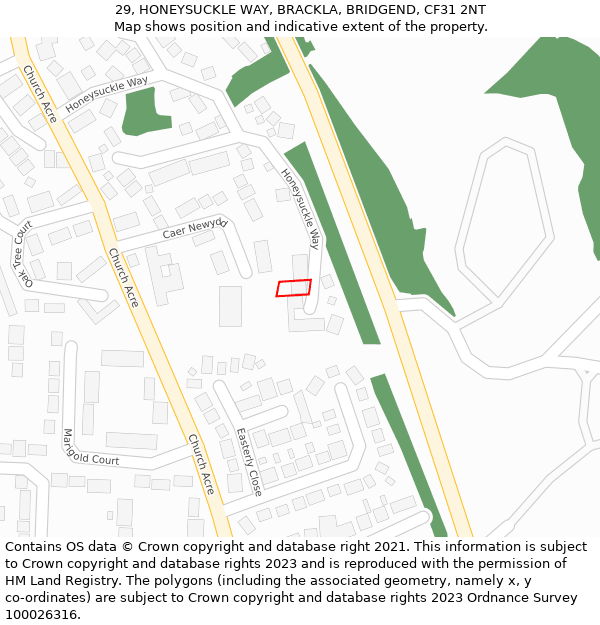 29, HONEYSUCKLE WAY, BRACKLA, BRIDGEND, CF31 2NT: Location map and indicative extent of plot