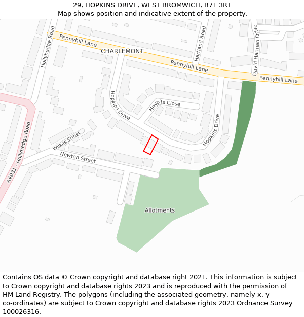 29, HOPKINS DRIVE, WEST BROMWICH, B71 3RT: Location map and indicative extent of plot