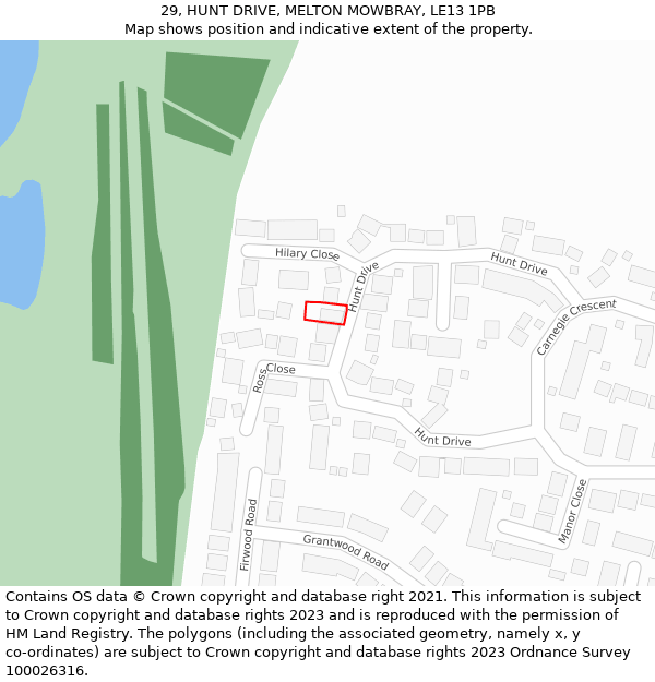 29, HUNT DRIVE, MELTON MOWBRAY, LE13 1PB: Location map and indicative extent of plot