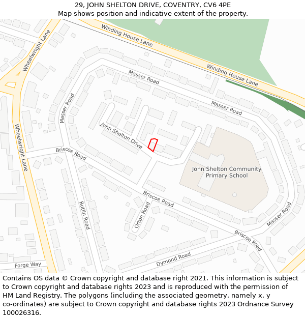 29, JOHN SHELTON DRIVE, COVENTRY, CV6 4PE: Location map and indicative extent of plot