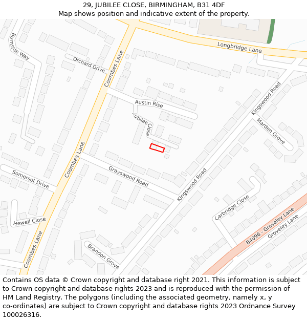 29, JUBILEE CLOSE, BIRMINGHAM, B31 4DF: Location map and indicative extent of plot