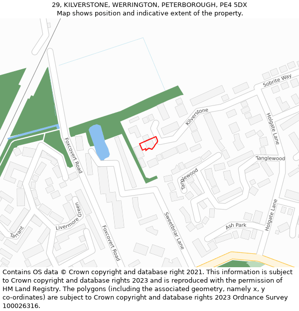 29, KILVERSTONE, WERRINGTON, PETERBOROUGH, PE4 5DX: Location map and indicative extent of plot