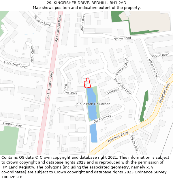29, KINGFISHER DRIVE, REDHILL, RH1 2AD: Location map and indicative extent of plot