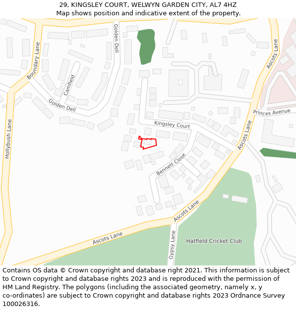 29, KINGSLEY COURT, WELWYN GARDEN CITY, AL7 4HZ: Location map and indicative extent of plot