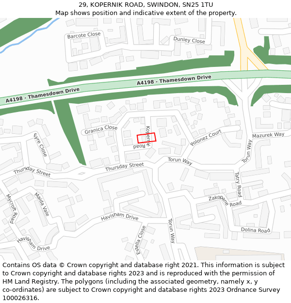 29, KOPERNIK ROAD, SWINDON, SN25 1TU: Location map and indicative extent of plot