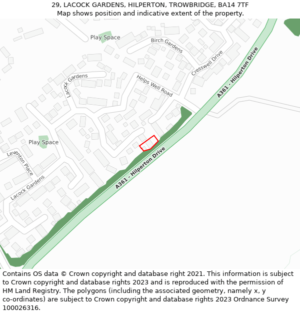 29, LACOCK GARDENS, HILPERTON, TROWBRIDGE, BA14 7TF: Location map and indicative extent of plot