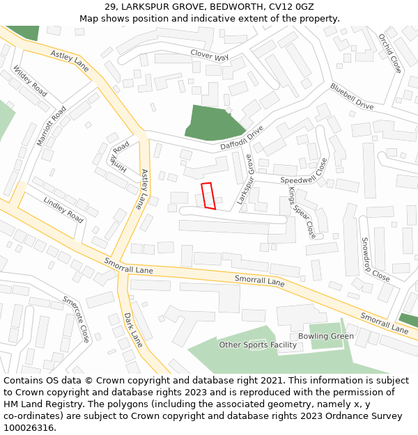 29, LARKSPUR GROVE, BEDWORTH, CV12 0GZ: Location map and indicative extent of plot