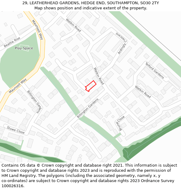 29, LEATHERHEAD GARDENS, HEDGE END, SOUTHAMPTON, SO30 2TY: Location map and indicative extent of plot