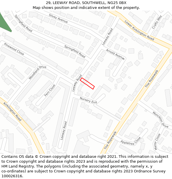 29, LEEWAY ROAD, SOUTHWELL, NG25 0BX: Location map and indicative extent of plot