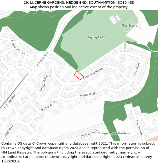 29, LUCERNE GARDENS, HEDGE END, SOUTHAMPTON, SO30 4SD: Location map and indicative extent of plot