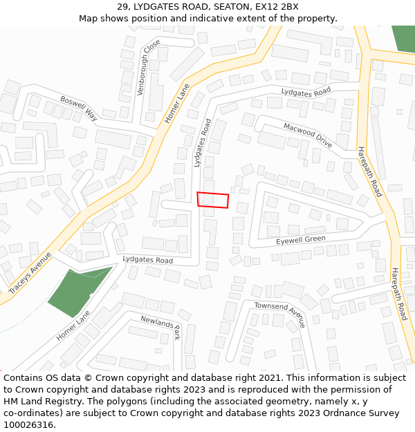 29, LYDGATES ROAD, SEATON, EX12 2BX: Location map and indicative extent of plot