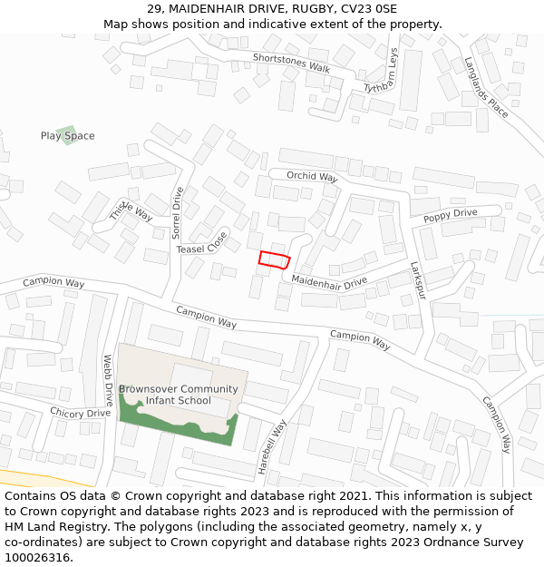 29, MAIDENHAIR DRIVE, RUGBY, CV23 0SE: Location map and indicative extent of plot