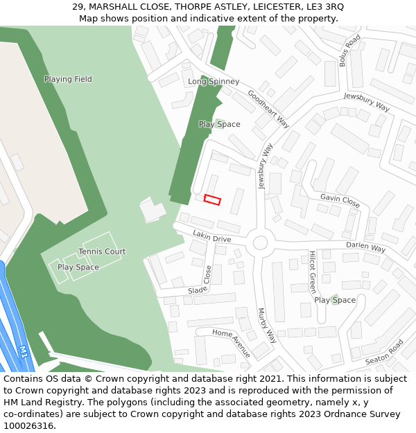 29, MARSHALL CLOSE, THORPE ASTLEY, LEICESTER, LE3 3RQ: Location map and indicative extent of plot