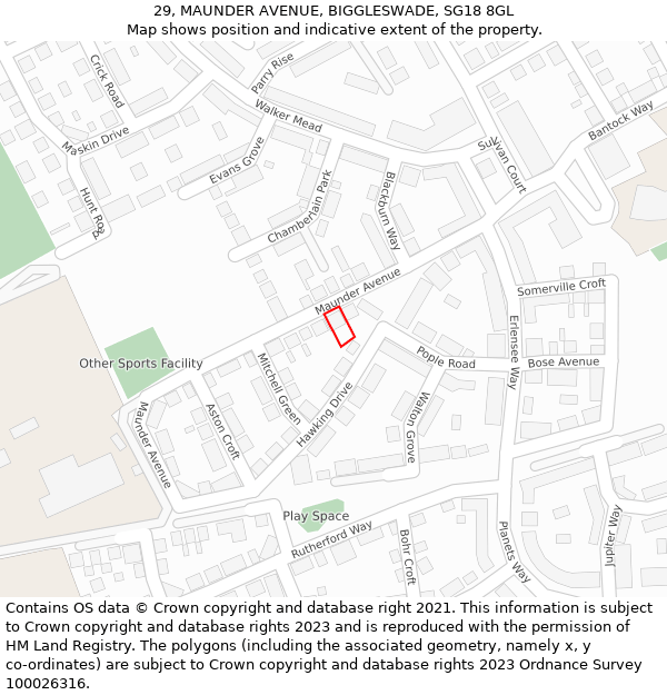 29, MAUNDER AVENUE, BIGGLESWADE, SG18 8GL: Location map and indicative extent of plot