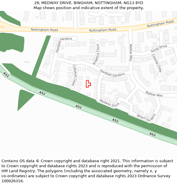 29, MEDWAY DRIVE, BINGHAM, NOTTINGHAM, NG13 8YD: Location map and indicative extent of plot