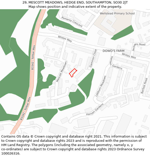 29, MESCOTT MEADOWS, HEDGE END, SOUTHAMPTON, SO30 2JT: Location map and indicative extent of plot