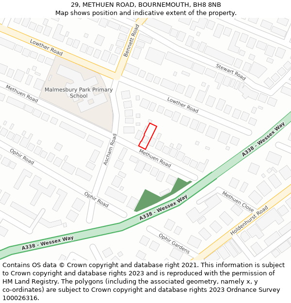 29, METHUEN ROAD, BOURNEMOUTH, BH8 8NB: Location map and indicative extent of plot