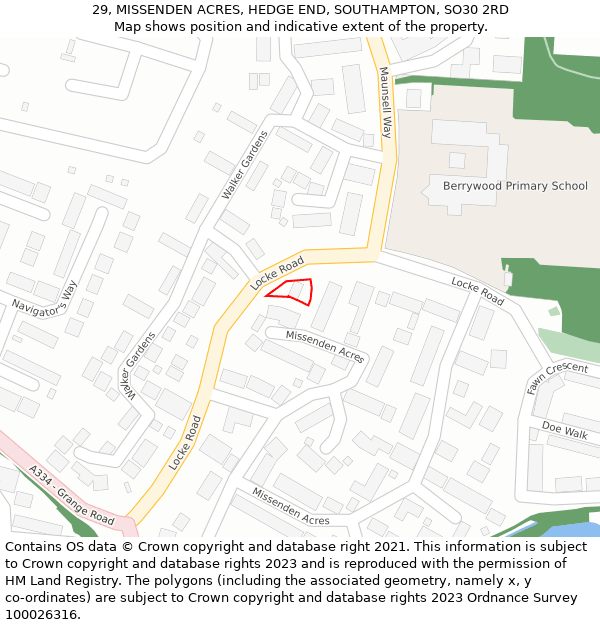 29, MISSENDEN ACRES, HEDGE END, SOUTHAMPTON, SO30 2RD: Location map and indicative extent of plot