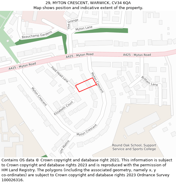 29, MYTON CRESCENT, WARWICK, CV34 6QA: Location map and indicative extent of plot