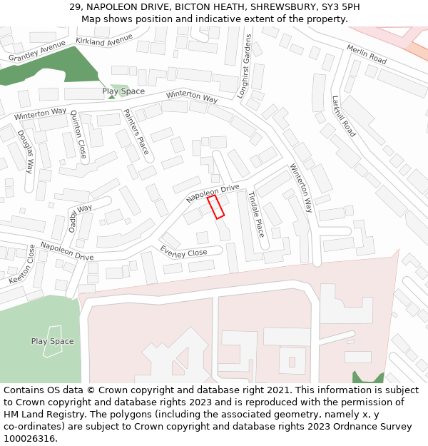 29, NAPOLEON DRIVE, BICTON HEATH, SHREWSBURY, SY3 5PH: Location map and indicative extent of plot