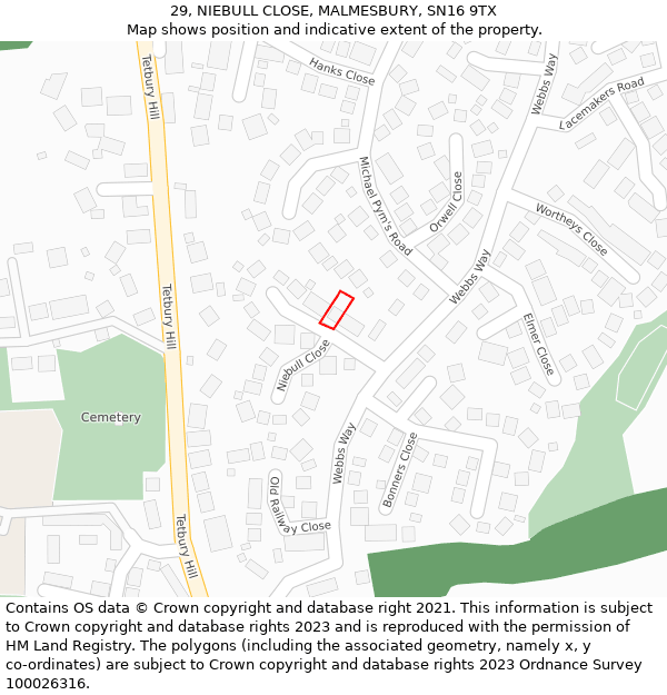 29, NIEBULL CLOSE, MALMESBURY, SN16 9TX: Location map and indicative extent of plot