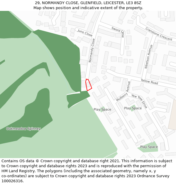 29, NORMANDY CLOSE, GLENFIELD, LEICESTER, LE3 8SZ: Location map and indicative extent of plot