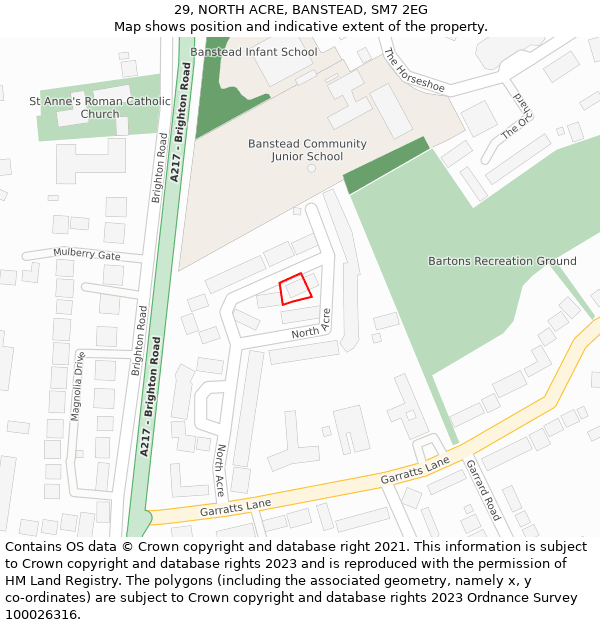 29, NORTH ACRE, BANSTEAD, SM7 2EG: Location map and indicative extent of plot