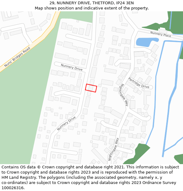 29, NUNNERY DRIVE, THETFORD, IP24 3EN: Location map and indicative extent of plot