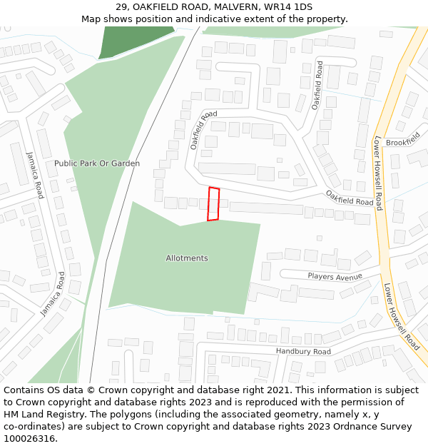 29, OAKFIELD ROAD, MALVERN, WR14 1DS: Location map and indicative extent of plot