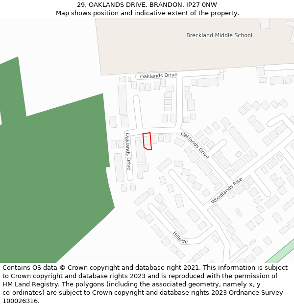 29, OAKLANDS DRIVE, BRANDON, IP27 0NW: Location map and indicative extent of plot