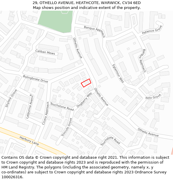 29, OTHELLO AVENUE, HEATHCOTE, WARWICK, CV34 6ED: Location map and indicative extent of plot