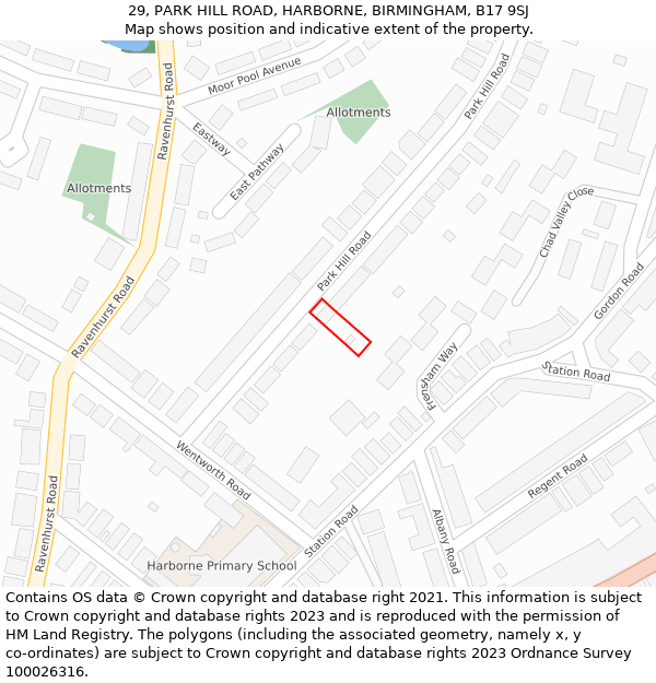29, PARK HILL ROAD, HARBORNE, BIRMINGHAM, B17 9SJ: Location map and indicative extent of plot