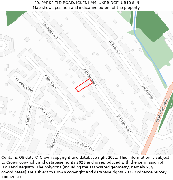 29, PARKFIELD ROAD, ICKENHAM, UXBRIDGE, UB10 8LN: Location map and indicative extent of plot