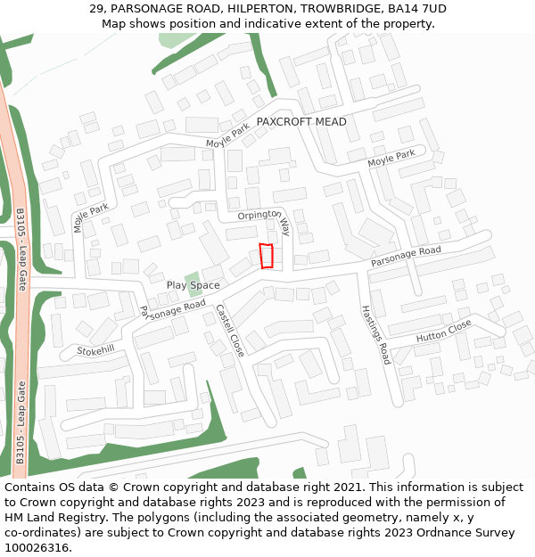 29, PARSONAGE ROAD, HILPERTON, TROWBRIDGE, BA14 7UD: Location map and indicative extent of plot